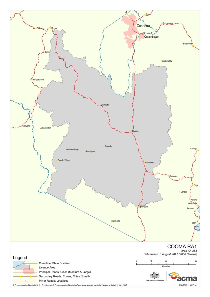 ACMA map showing the Cooma RA1 radio licence area